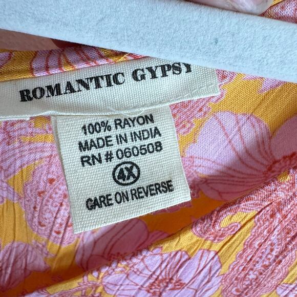 Romantic Gypsy Orange Pink Floral Long Sleeve V-Neck Rayon Flowy Boho Dress 4X - Picture 8 of 9